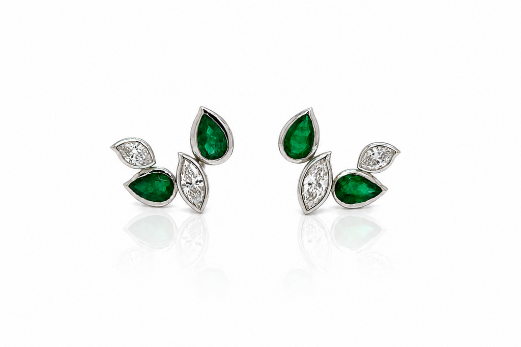 Earrings 18kt White Gold Marquises Emeralds & Diamonds