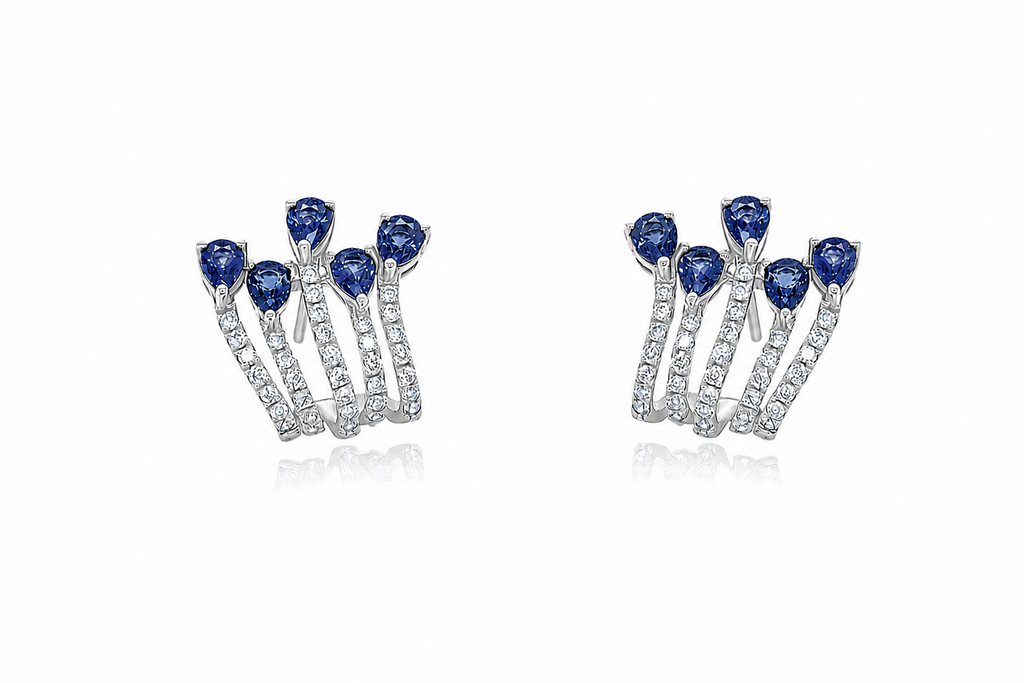 Earrings 18kt Gold Pear Blue Sapphires & Round Diamonds Lobe Studs