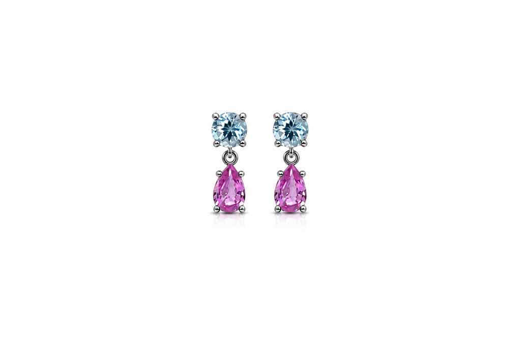 Earrings 14kt Gold Blue Topaz and Pink Sapphires Drops
