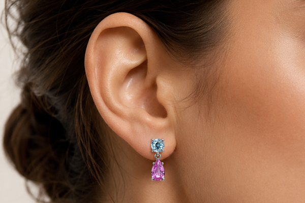 Earrings 14kt Gold Blue Topaz and Pink Sapphires Drops