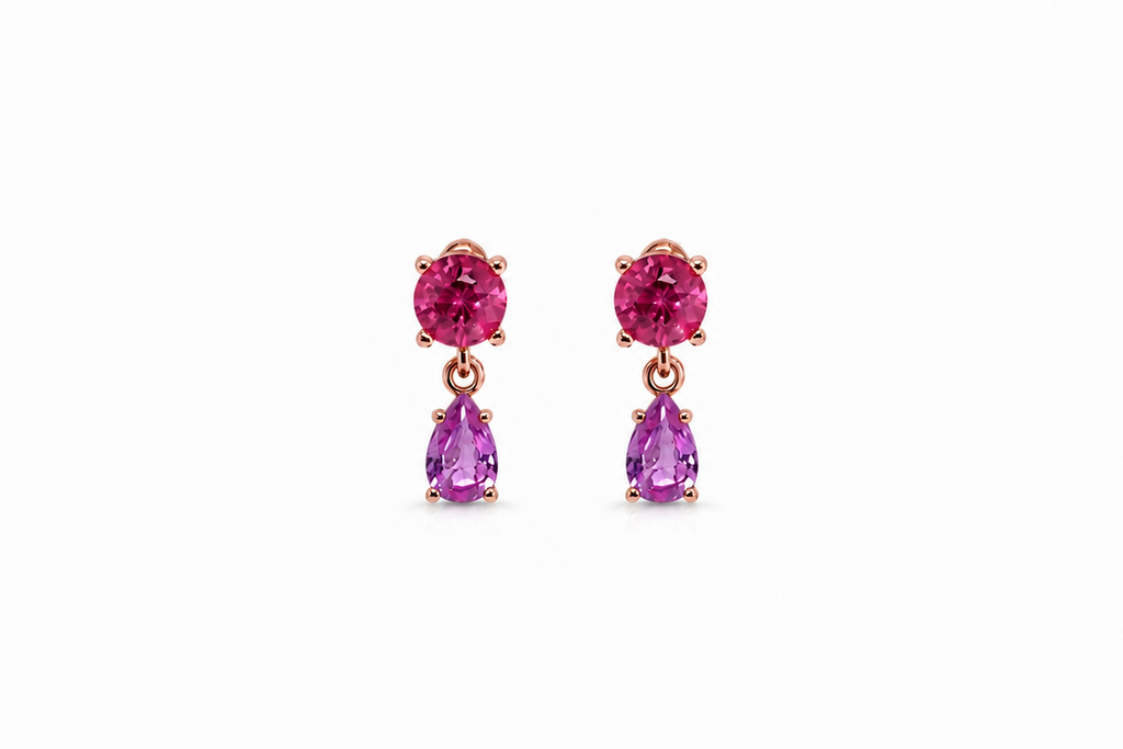 Earrings 14kt Gold Tourmaline and Pink Sapphires Drops