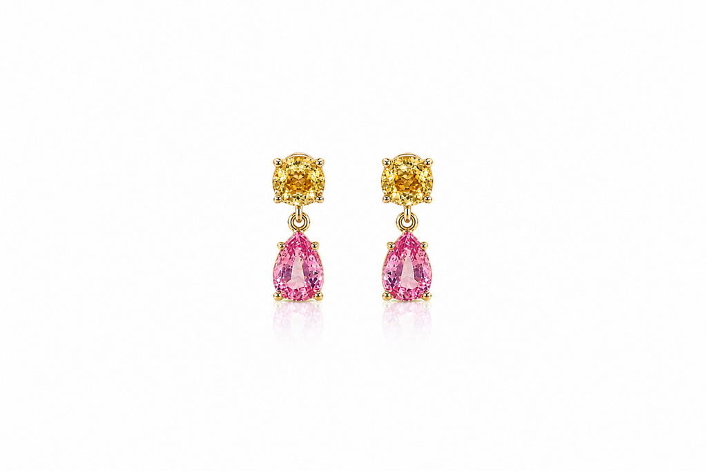 Earrings 14kt Gold Yellow and Pink Sapphires Drops