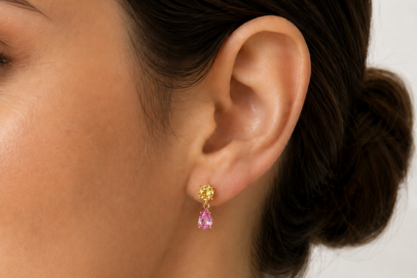Earrings 14kt Gold Yellow and Pink Sapphires Drops