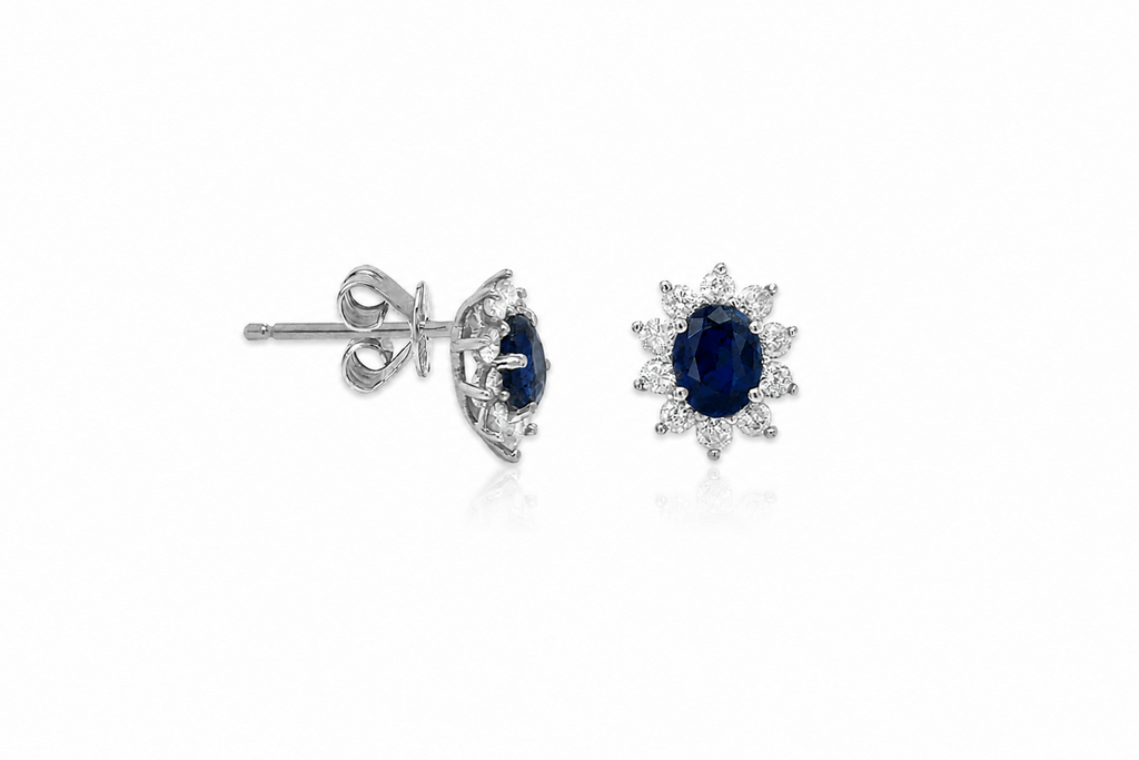 Earrings 18kt White Gold Oval Sapphire & Diamonds Studs