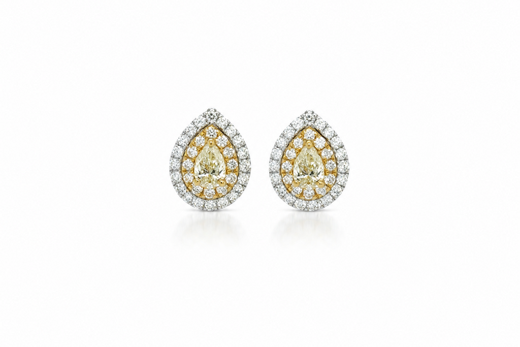 Earrings Pear Shape Yellow Diamonds & Double Diamonds Halo