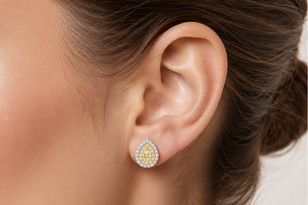 Earrings Pear Shape Yellow Diamonds & Double Diamonds Halo