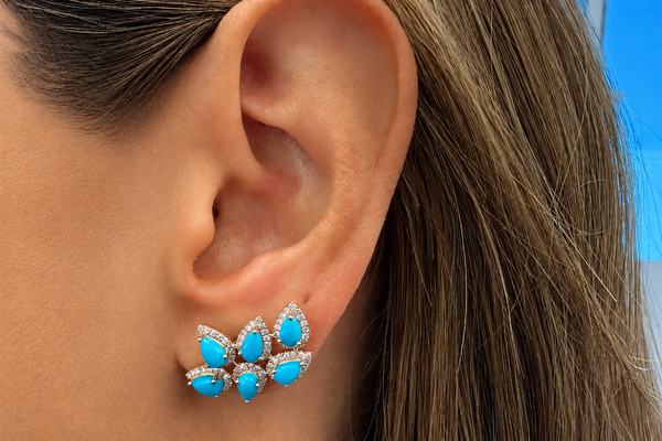 Earrings 14kt Gold Climbers Pear Cabouchon Turquoise with Diamonds