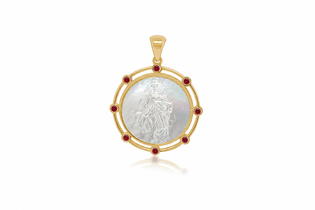 Necklace 14kt Gold Mother Pearl Ruby Medal, Our Lady of Mount Carmel, Pendant