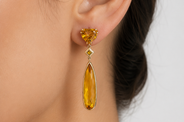 14K Yellow Gold Natural Citrine & Yellow Sapphire Drop Dangle Earrings