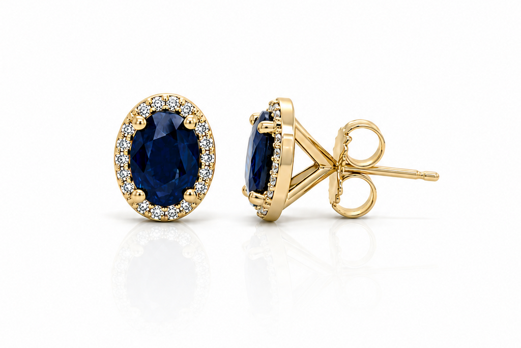 Earrings 14Kt Gold Oval Blue Sapphires & Halo Round Diamonds Studs