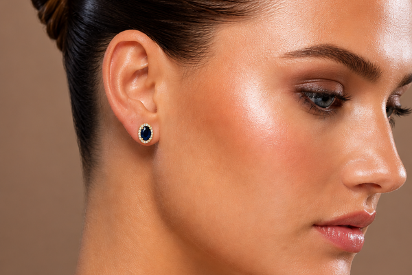 Earrings 14Kt Gold Oval Blue Sapphires & Halo Round Diamonds Studs
