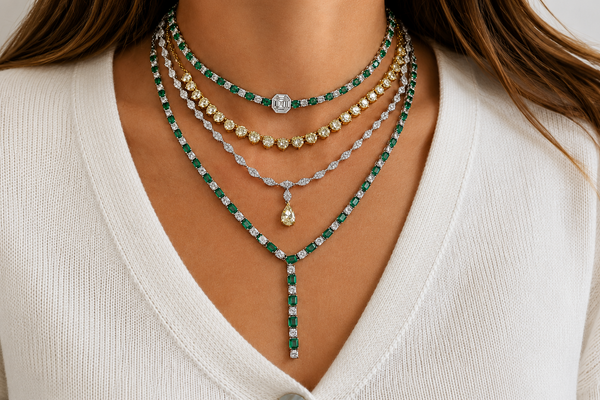 Necklace 14kt Gold Emeralds and Diamonds Tennis with extension