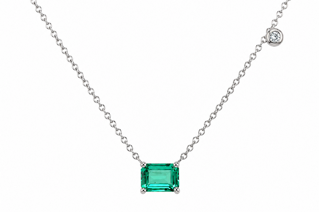Necklace 14kt White Gold Emerald cut Emerald & Diamond
