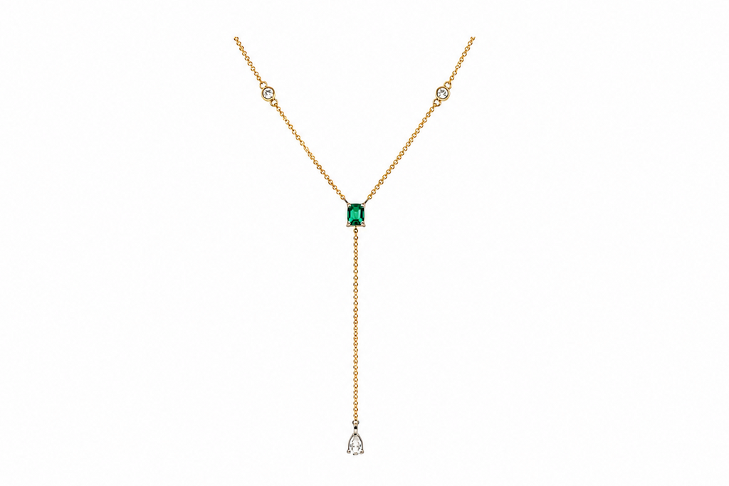 Necklace 14kt Gold Emerald cut Emerald & Diamond Drop