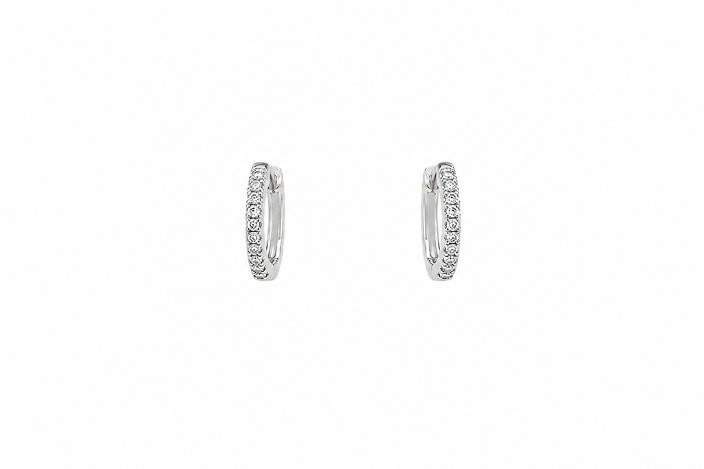 Earrings 14kt White Gold Round Mini Hoops & Diamonds