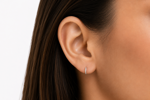 Earrings 14kt White Gold Round Mini Hoops & Diamonds