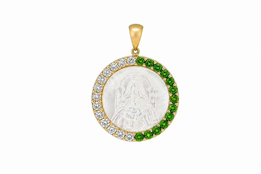 Medal Mother of Pearl Our Lady of Coromoto | Virgen de Coromoto 14kt Gold Diamonds and Tsavorites
