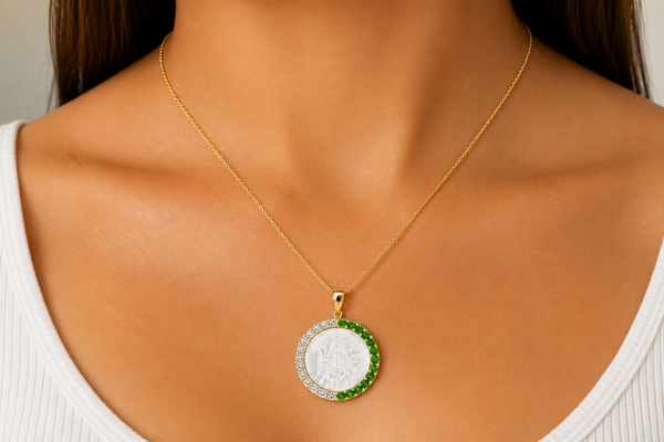 Medal Mother of Pearl Our Lady of Coromoto | Virgen de Coromoto 14kt Gold Diamonds and Tsavorites