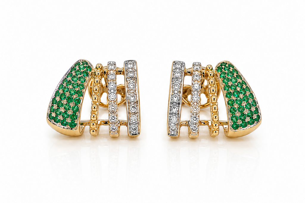 Earrings 14kt Mixed Gold Lobe Stud Diamonds and Emerlads