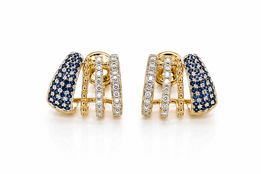 Earrings 14kt Yellow Gold Lobe Stud Sapphires & Diamonds