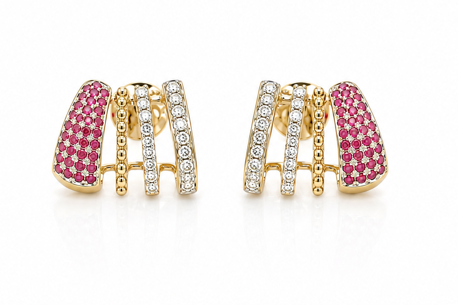 Earrings 14kt Mixed Gold Lobe Stud Diamonds and Rubies