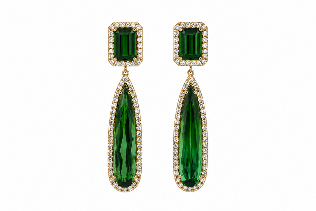 Earrings 18kt Gold Green Tourmaline and Diamonds