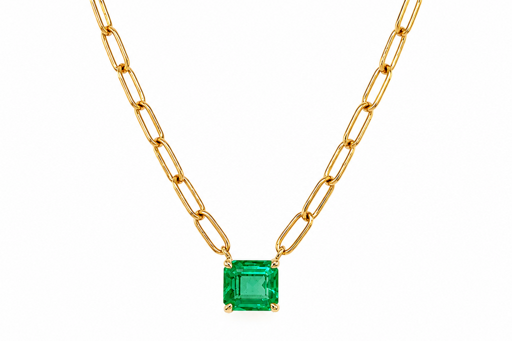 Necklace 14kt Gold Paper Clip Chain with Emerald