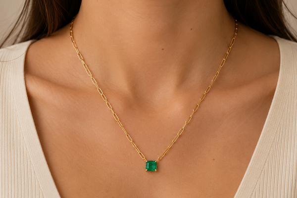 Necklace 14kt Gold Paper Clip Chain with Emerald