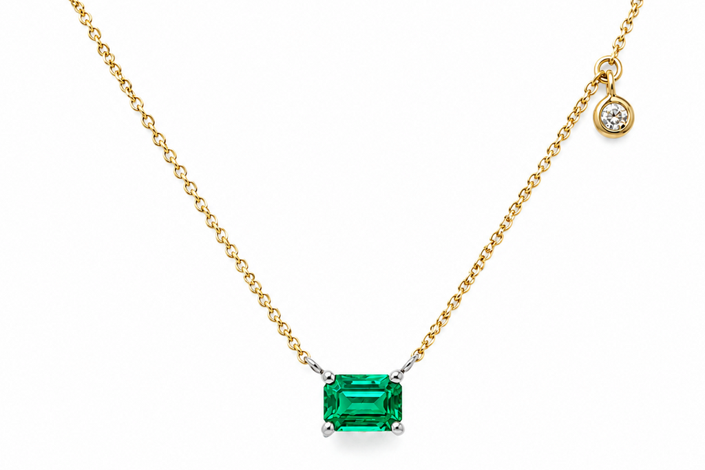 Necklace 14kt Gold Emerald cut Emerald & Diamond