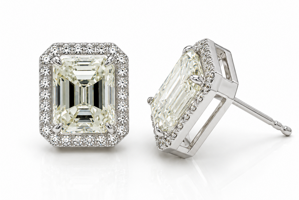 Earrings 18kt Natural Emerald Cut Diamonds 5.24 cts GIA and Halo