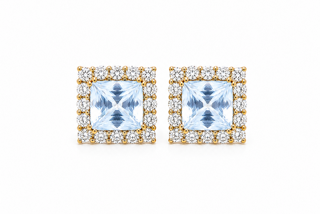 Earrings 14kt Yellow Gold Sapphires & Diamonds Halo Studs