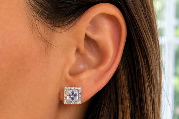 Earrings 14kt Yellow Gold Sapphires & Diamonds Halo Studs
