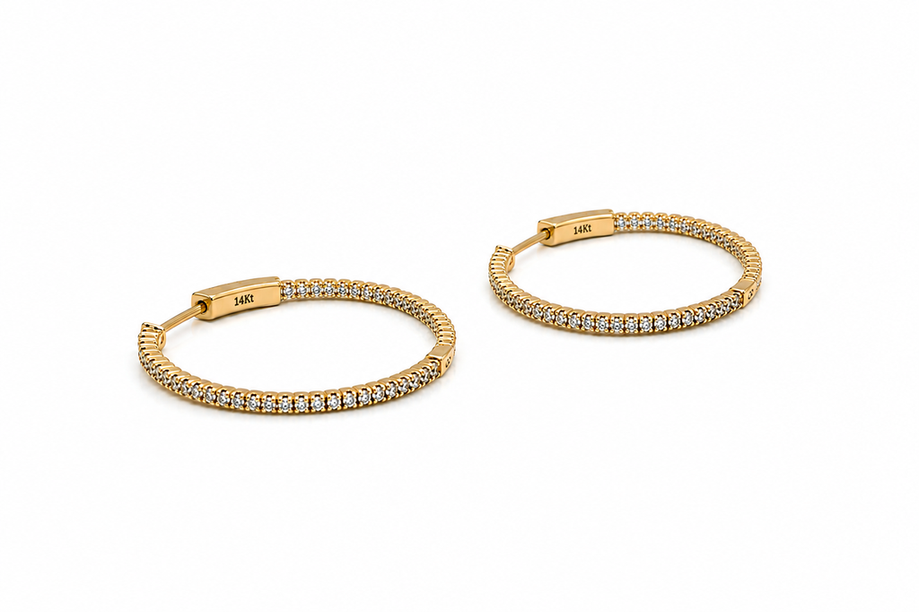 Earrings 14 kt Gold Round Large Hoops & Diamonds