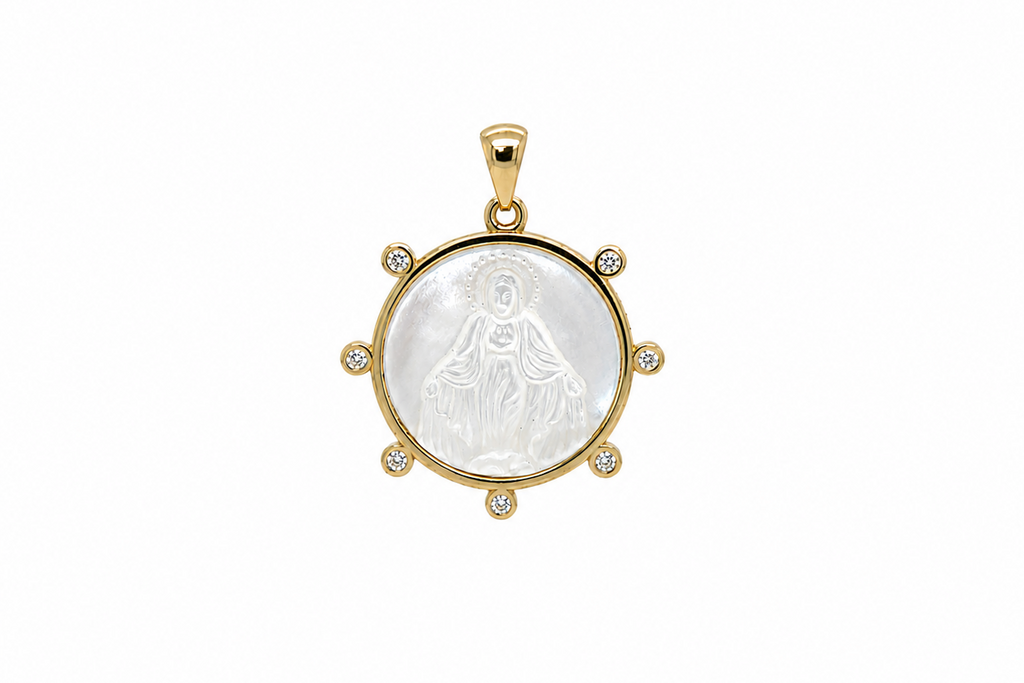 Necklace 14kt Gold Mother Pearl Diamonds Medal Pendant