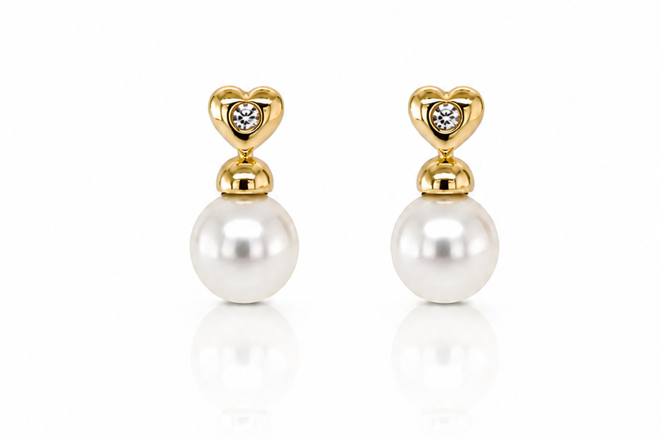 Earrings 18kt Yellow Gold Round Pearls & Center Diamonds Hearts Studs