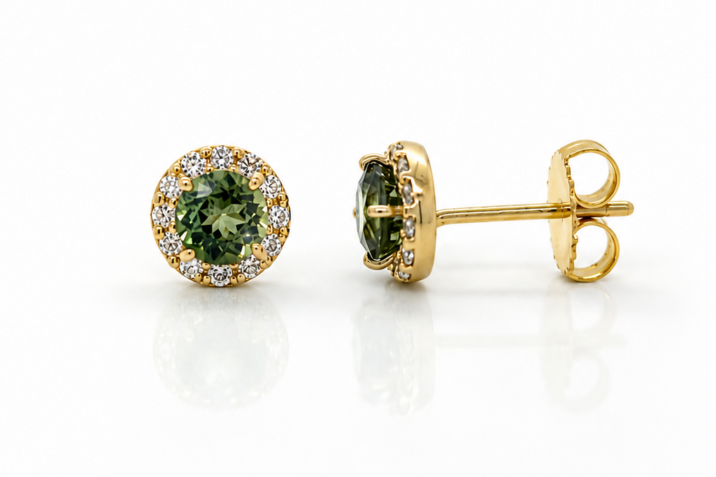 Earrings 18kt Round Green Tourmaline & Diamonds Halo