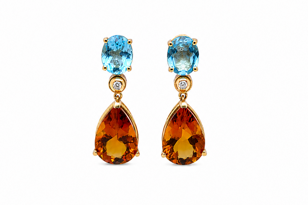 Earrings 18kt Gold Blue Topaz, Diamonds & Citrine Drops