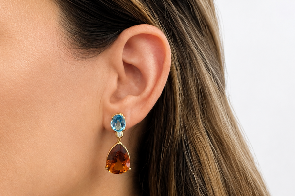 Earrings 18kt Gold Blue Topaz, Diamonds & Citrine Drops