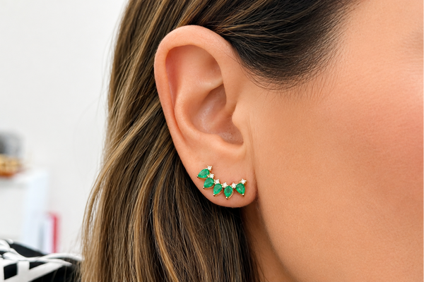 Earrings Crawlers 14 Kt Gold Pear Emeralds & Diamonds