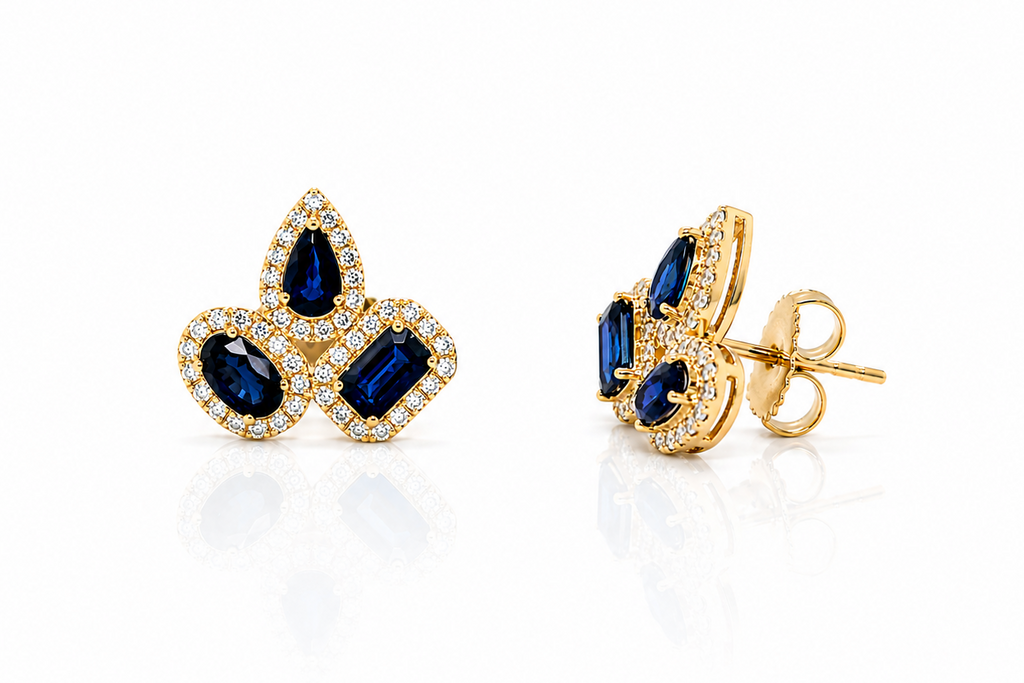 Earrings 14kt Yellow Gold Mixed Cut Sapphires & Diamonds