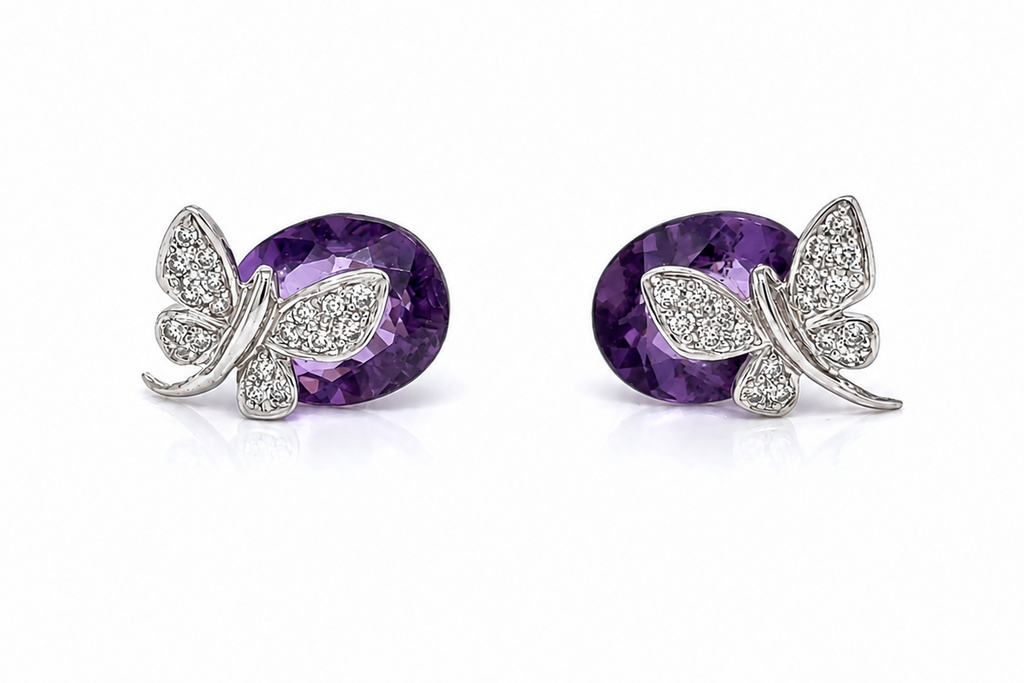 Earrings 14kt Gold Oval Amethyst  & Butterfly Diamonds Studs