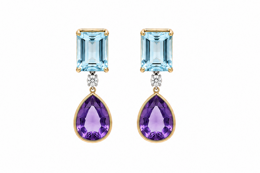 Earrings 14kt Gold Aquamarines, Diamonds & Amethyst Drops