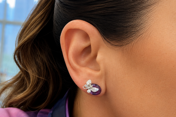 Earrings 14kt Gold Oval Amethyst  & Butterfly Diamonds Studs