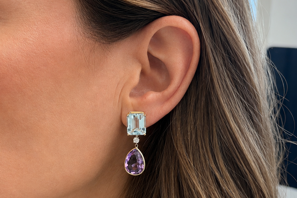 Earrings 14kt Gold Aquamarines, Diamonds & Amethyst Drops