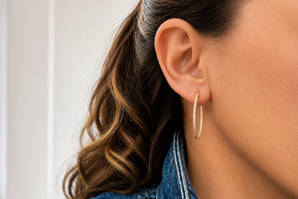 Earrings 14kt Gold Round Large Hoops & Diamonds