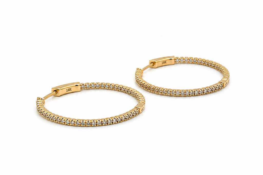 Earrings 14kt Gold Round Large Hoops & Diamonds