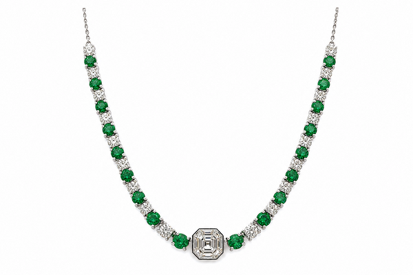 Necklace 14kt Gold Round Emeralds and Diamonds Tennis