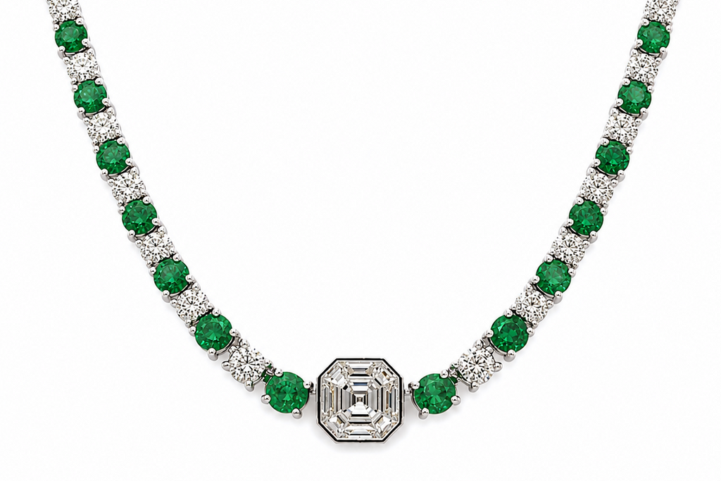 Necklace 14kt Gold Round Emeralds and Diamonds Tennis