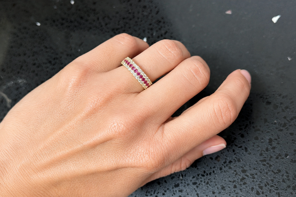 Ring 18kt Yellow Gold 3-Row Band Rubies & Diamonds