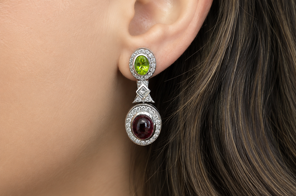 Earrings Peridot & Tourmaline Cabochons with Diamonds